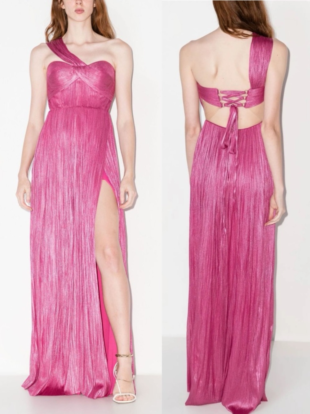 Maria Lucia Hohan Iman Silk One Shoulder Metallic Pink Bustier Gown NEW with tag